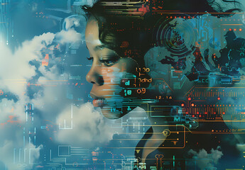 African American Woman with Curly Hair Amidst Tech and Art Symbols | Cultural and Technological Fusion Digital Collage