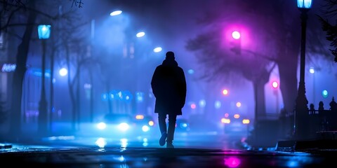 Silhouetted man walking at night under street lights in darkness. Concept Silhouette Photography, Night Time, Street Lights, Darkness