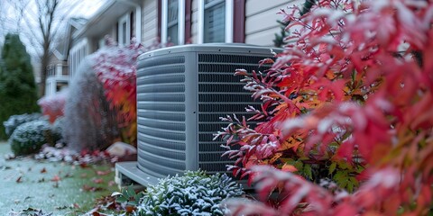 Home HVAC maintenance AC unit protected for winter with fall cover. Concept HVAC Maintenance, AC Unit Protection, Winter Preparation, Fall Cover Utilization