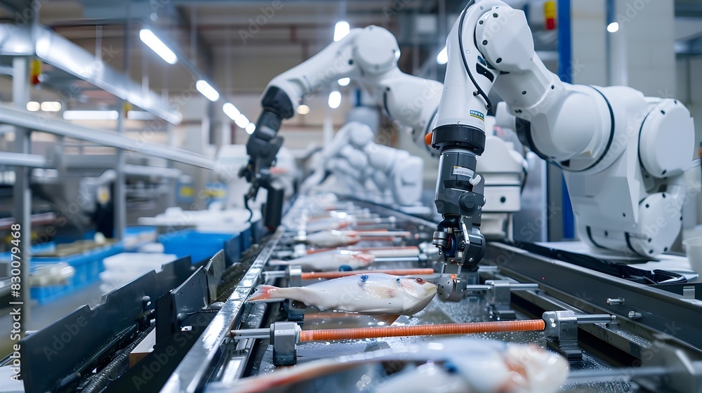 Poster automated seafood processing: high-tech robots fillet and package for modern industry