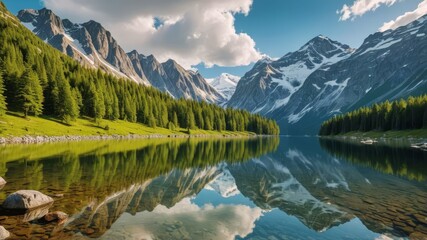 A serene alpine lake surrounded by evergreen forests and towering snow-capped mountains under a clear blue sky with fluffy clouds. - Powered by Adobe