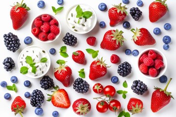 Fresh Berries and Yogurt on White Background, Healthy and Nutritious, Vibrant and Delicious, Perfect for Breakfast