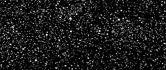 Snow, stars, twinkling lights, rain drops on black background. Abstract vector noise. Small particles of debris and dust. Distressed uneven grunge texture overlay.
