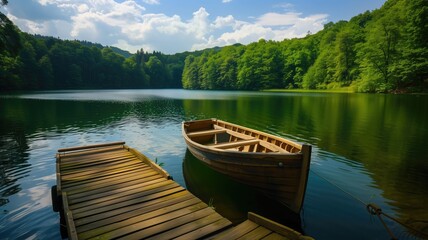 Tranquil lake scene with a rowboat tied to a wooden dock amidst lush greenery.