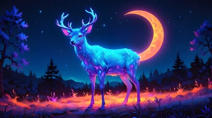 blue deer, orange moon