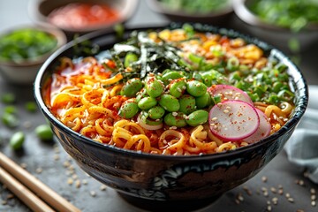 ramen dish with edamame, seaweed, sliced radish, and pickled ginger.