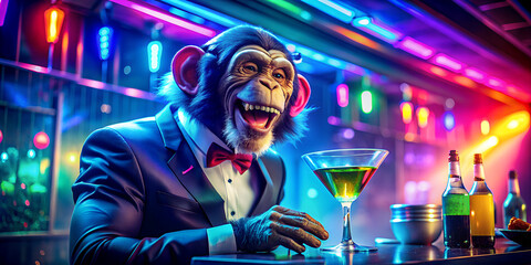 A chimpanzee monkey works as a bartender in a nightclub.