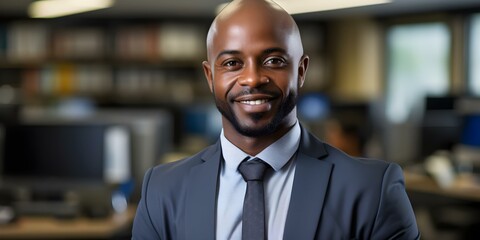 Black executive smiling with arms crossed in office facing camera confidently. Concept Professional Headshots, Business Attire, Confident Stance, Corporate Environment, Office Portraits
