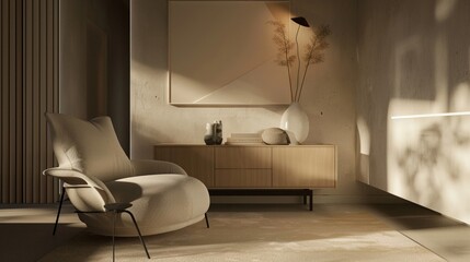 Minimalist interior featuring a plush armchair and sleek sideboard neutral color scheme modern design ambient lighting