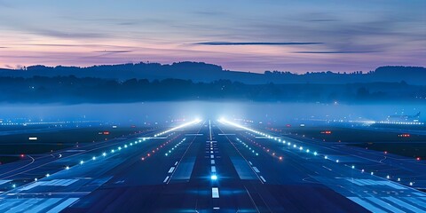 Dawn at an airport runway with planes ready to depart under the glow of runway lights. Concept Airport, Runway, Dawn, Departures, Runway Lights