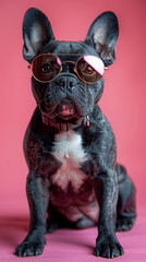 A cool French Bulldog striking a pose in stylish sunglasses against a pink background.