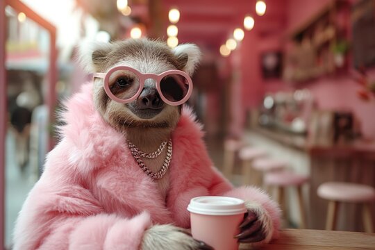 stylish classy modern fashionista sloth wearing pink sunglasses and pink firry coat at coffee shop