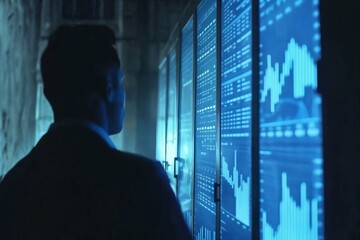 Fototapeta premium a silhouette of a person intently observing multiple screens displaying graphs and data analytics in a blue-lit room