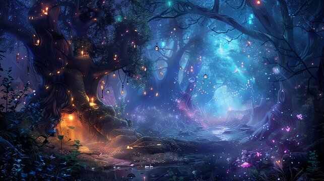 Magical woodland scene with fairies and unicorns