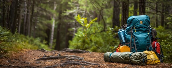Backpacker organizing camping gear beside a forest trail.