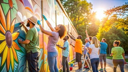 group of people making colorful paint on the wall. painting of the wall on a sunny day.