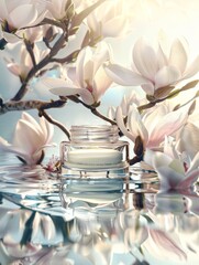 Elegant Cosmetic Scene with Flowers on White Background Generative AI