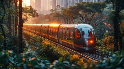 Solar-powered trains gliding through a modern urban landscape