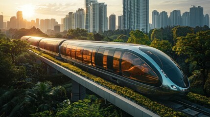 Solar-powered trains gliding through a modern urban landscape