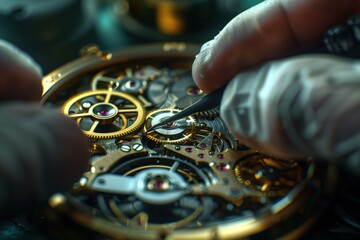 watchmaker's hands fixing the mechanism of a watch in a watch repair shop