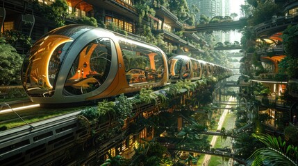 Solar-powered monorails weaving through futuristic skyscrapers