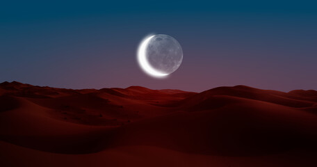 Sand dunes in the Sahara Desert with crescent moon, Merzouga, Morocco - Orange dunes in the desert...