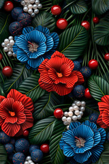 A colorful bouquet of flowers with red, blue, and white flowers