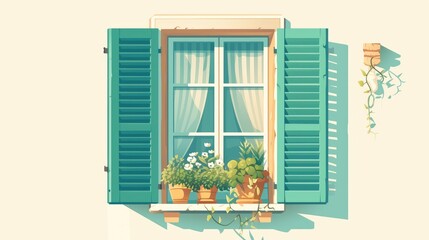 A flat style 2d illustration showcasing a window adorned with shutters and a charming flowerpot stands out against a crisp white background