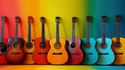 Naklejka premium Colorful acoustic guitar on vibrant background, music, hobby, electronic music festival, music festival, summer party, party, vocal, art, artistic, 4k HD wallpaper, background, generated by AI.