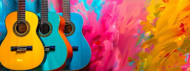Colorful acoustic guitar on vibrant background, music, hobby, electronic music festival, music festival, summer party, party, vocal, art, artistic, 4k HD wallpaper, background, generated by AI.