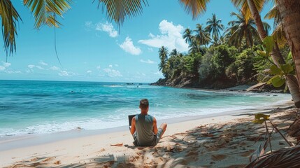 Obraz premium Digital Nomad Lifestyle: the ocean and palm trees in the background. Emphasize the freedom and flexibility of remote work.