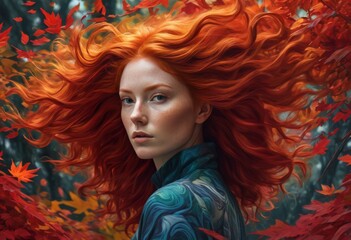 Fantasy image of a red-haired girl in fall foliage