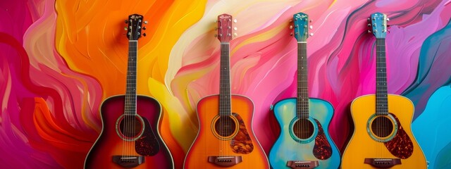 Naklejka premium Colorful acoustic guitar on vibrant background, music, hobby, electronic music festival, music festival, summer party, party, vocal, art, artistic, 4k HD wallpaper, background, generated by AI.