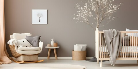 Scandinavianstyle nursery with modern minimalist design and light color palette. Concept Scandinavian Style, Nursery Design, Minimalist Decor, Light Color Palette, Modern Aesthetic