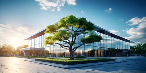 Sustainable Glass Office Building with Eco-Friendly Features and Carbon Offset Tree. Concept Sustainable Architecture, Eco-Friendly Design, Green Building Features, Carbon Offset, Tree Planting