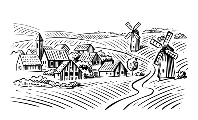 Organic village landscape vector. Country and Fields with Harvest and Mill