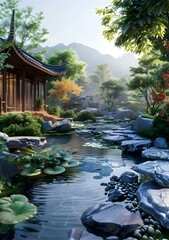 Fototapeta premium Chinese style garden with mountain and river