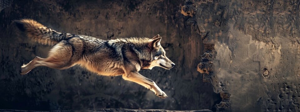 Fierce Wolf Leaping out from Wall Hole - Wild Animal Nature Predator Art，Wild wolf jumps out of the hole in the wall, animal, wolf nature, ambition, art, art, 4k HD wallpaper, background, generated by