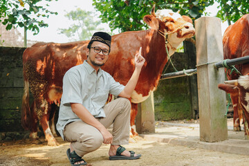 Cheerful Asian Muslim man kneeling down pointing to the livestock cows for sacrifices behind. Eid...