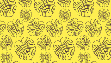 Seamless contour pattern with monstera leaves on a yellow background