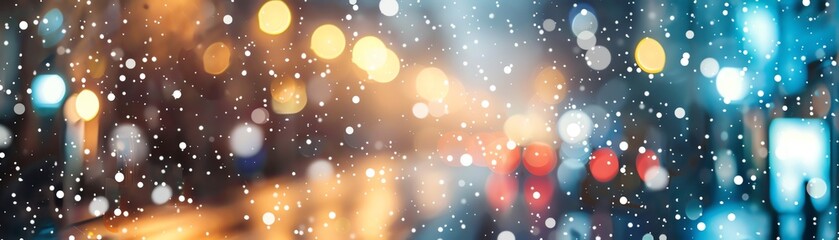 Fototapeta premium Abstract cityscape with colorful bokeh lights and snowfall, creating a festive and dreamy atmosphere in an urban setting.