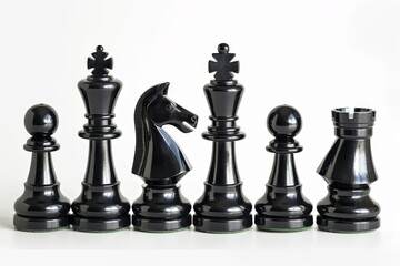 Realistic photograph of a complete Chess pieces,solid stark white background, focused lighting