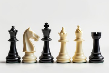 Realistic photograph of a complete Chess pieces,solid stark white background, focused lighting