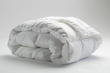 Realistic photograph of a complete Comforters,solid stark white background, focused lighting
