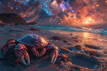 Magical evening beach scene with a crab under a starlit sky, blending ocean serenity with cosmic wonder.