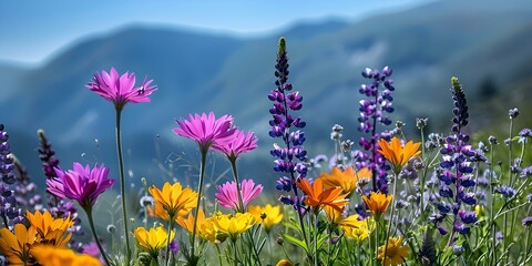 Wildflowers in the foreground create a striking contrast with a mountainous background. Concept Wildflowers, Contrast, Mountainous Background, Scenic View, Nature Photography