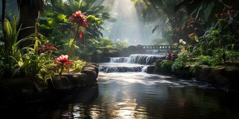 Tropical Jungle Waterfall: Palm Trees, Misty Pond, and Morning Flowers. Concept Tropical Jungle Waterfall, Palm Trees, Misty Pond, Morning Flowers