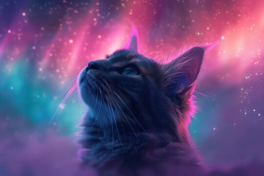 Dreamy cat looking at a glowing cosmic sky filled with stars and colorful aurora, creating a magical atmosphere.
