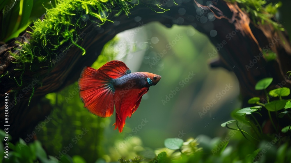 Poster a betta fish exploring a moss-covered cave in its aquarium, its inquisitive nature on full display a