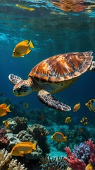 Obraz premium Sea Turtle Swimming Among Colorful Fish in Coral Reef